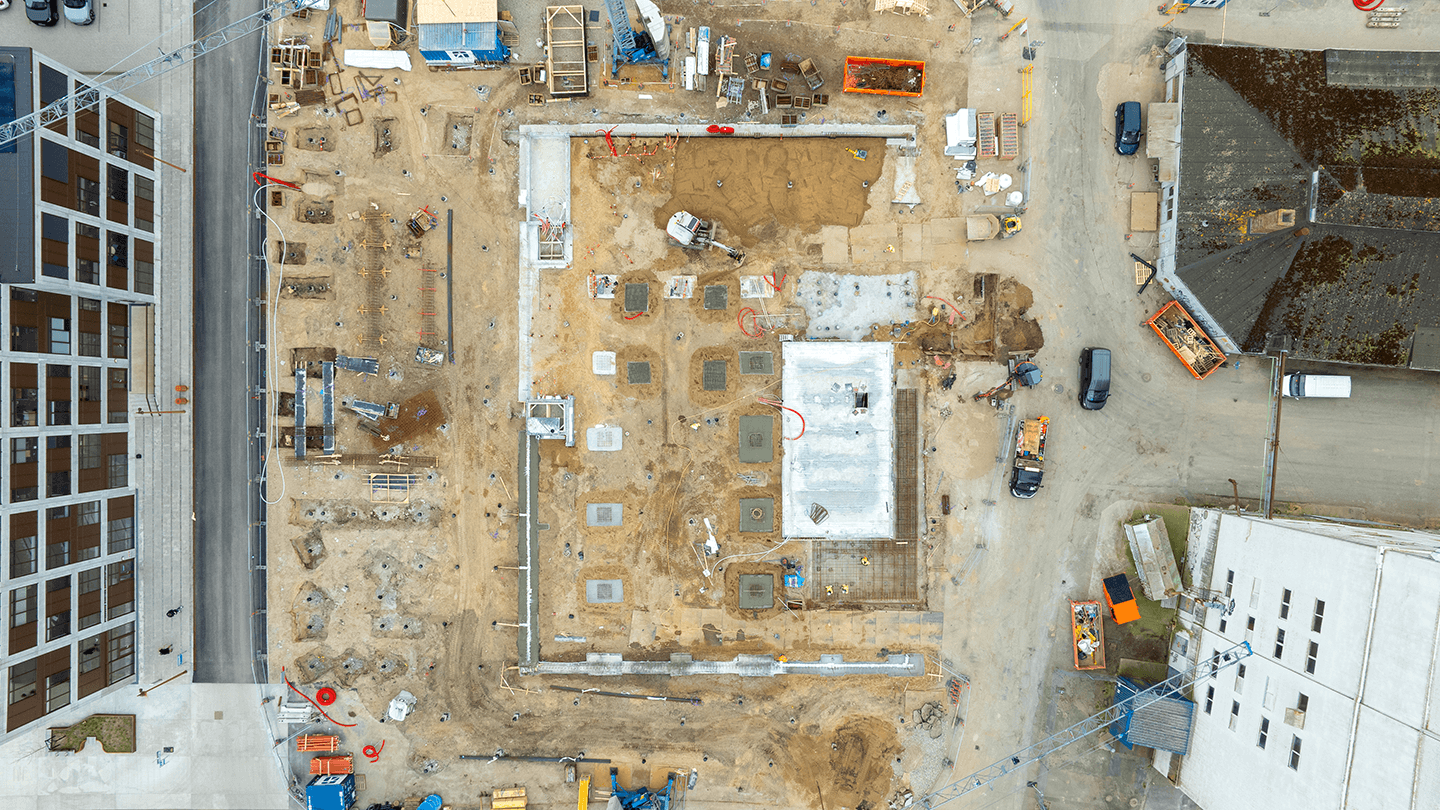Dronefoto af byggepladsen ved Campus Svendborg Havn
